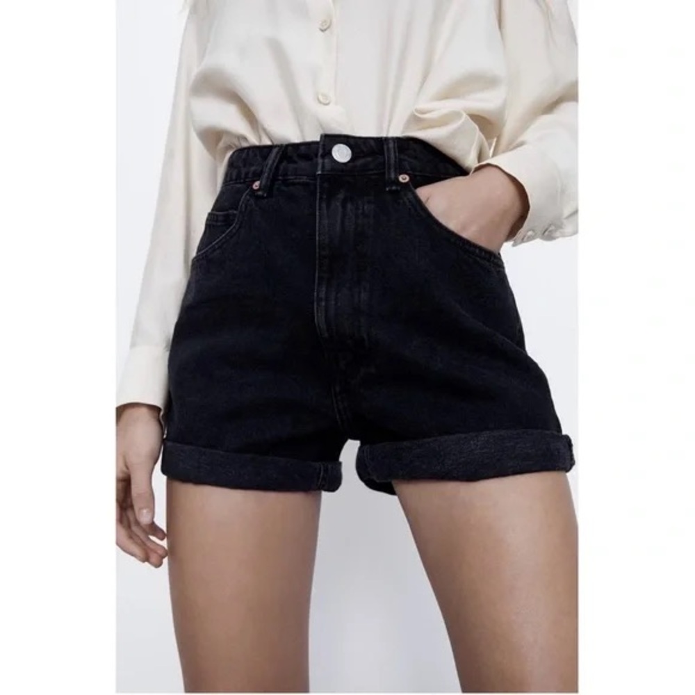 Zara Denim Shorts High Waisted Black Jean Shorts Size 2 Cuffed Hem High Rise